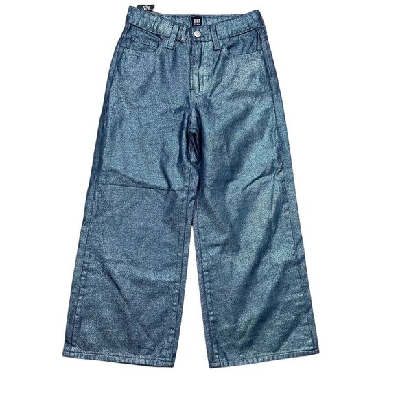 NWT GAP Kids Girls Wide-Leg Jeans Size 10 Blue Metallic Sheen Denim High Rise - Picture 1 of 11